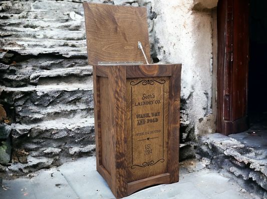 Small Engraved Wood Modern Rustic Engraved Laundry Hamper With Lid - Ships Assembled - 30 Plus Colors Birch/Pine