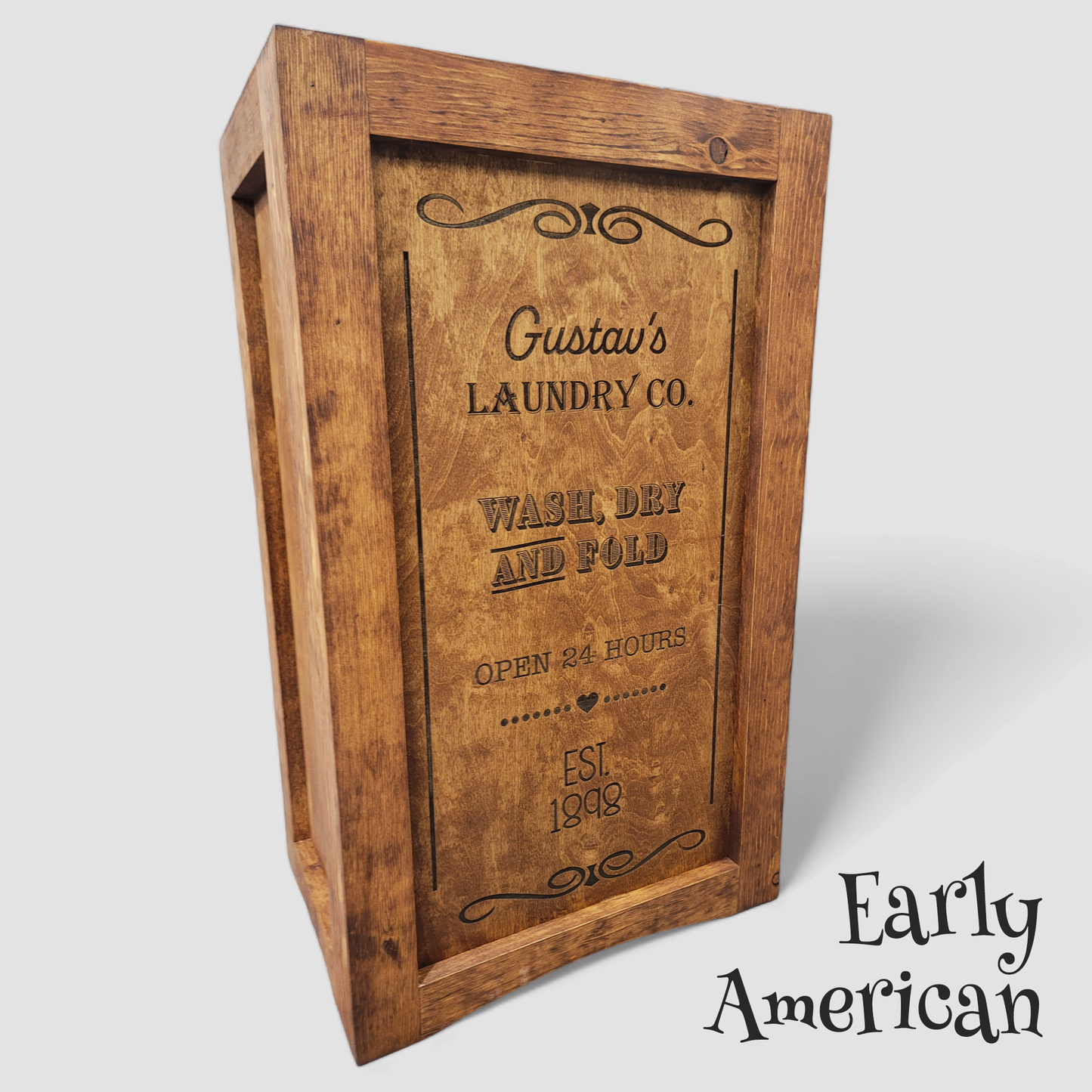 Engraved Wood LARGE Modern Rustic Engraved Laundry Hamper With Lid - Ships Assembled - 30 Plus Colors Birch/Pine