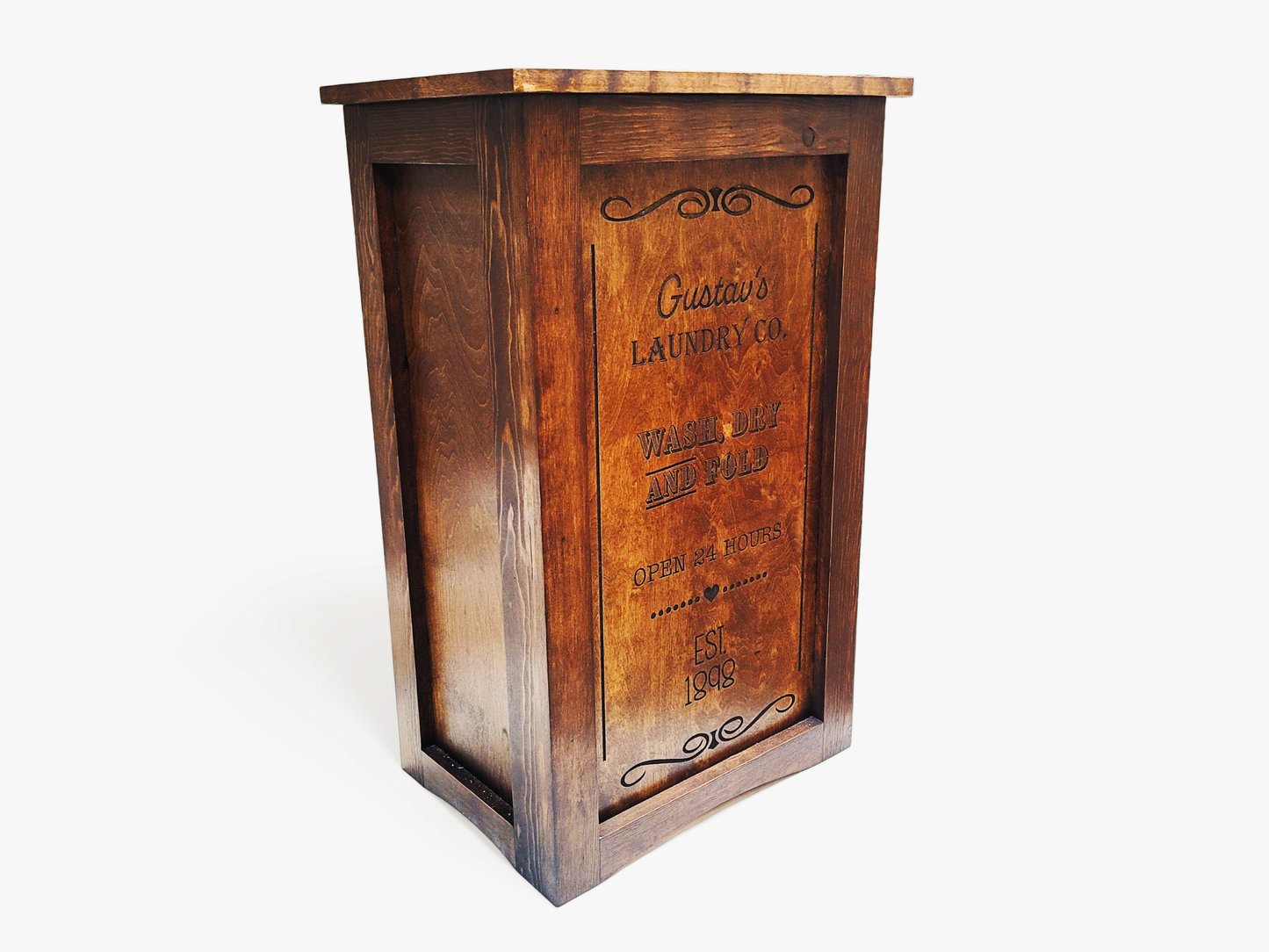Engraved Wood LARGE Modern Rustic Engraved Laundry Hamper With Lid - Ships Assembled - 30 Plus Colors Birch/Pine