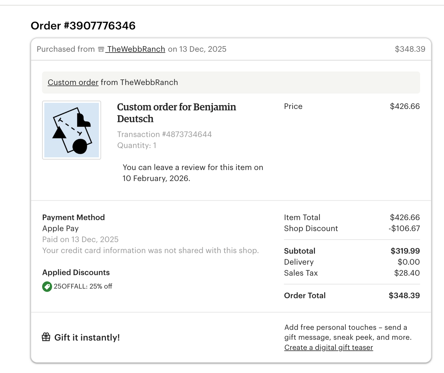 Custom Order for Benjamin