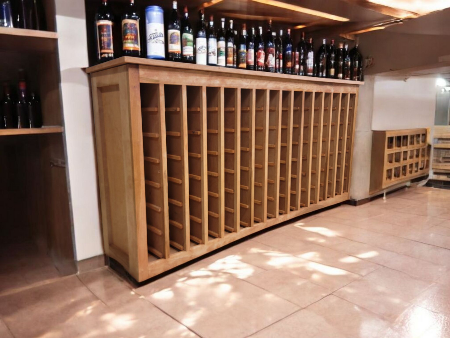 Modern Rustic 112-Bottle Wine Rack – Custom Stained Birch Wood Wine Storage – Holds Standard Bottles – Handmade Wine Cabinet – 68x14x32