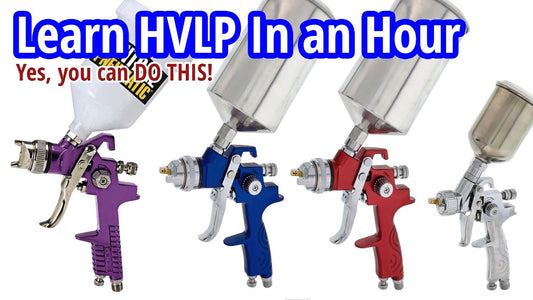 TCP Global HVLP spray gun kit with blue, red, and mini touch-up guns, from the Learn HVLP In an Hour video