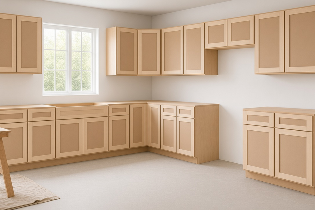 Unpainted Shaker cabinets in a bright kitchen, sanded and ready for primer and paint