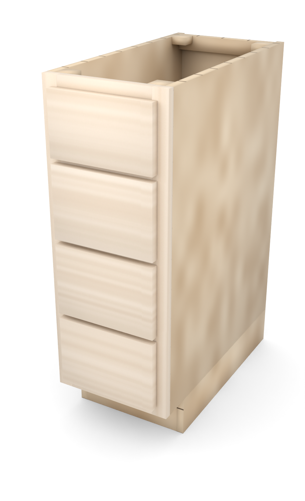 12" slab drawer base cabinet with 4 drawers, face frame, ready to paint, three-quarter view