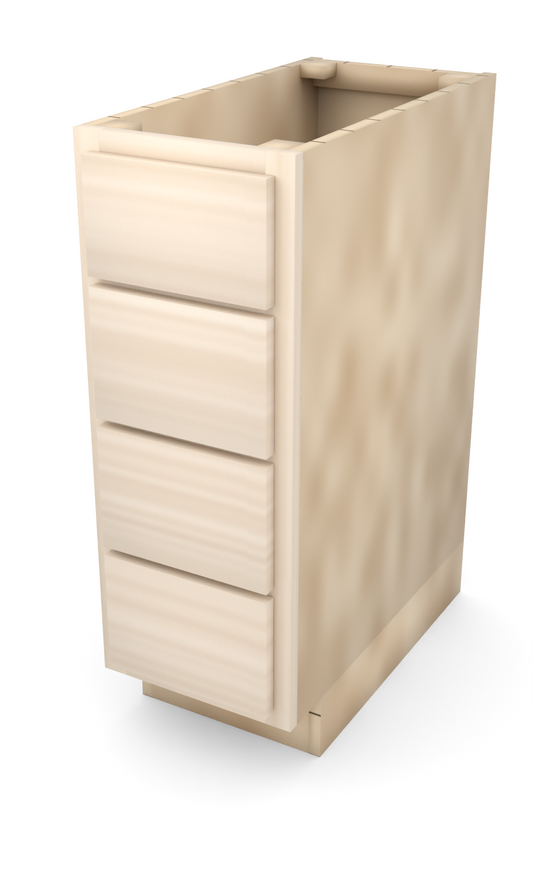 12" slab drawer base cabinet with 4 drawers, face frame, ready to paint, three-quarter view