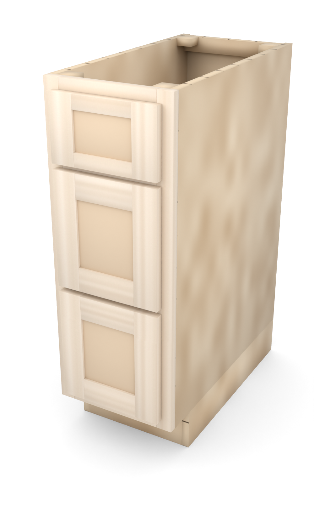 12" Face Frame Flat Shaker drawer base cabinet with 3 drawers, ready to paint, three-quarter view