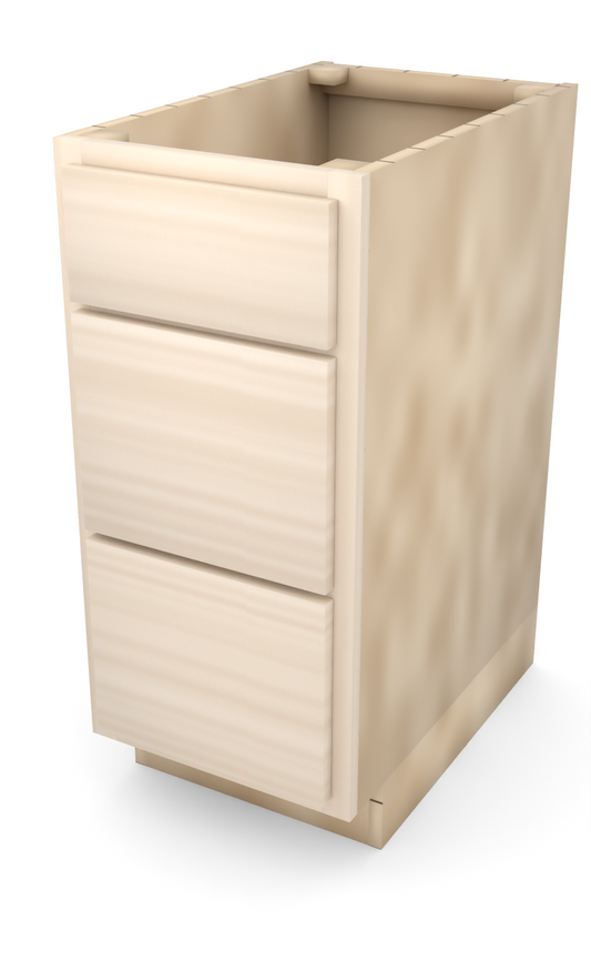 15" slab drawer base cabinet with 3 drawers, face frame, ready to paint, three-quarter view