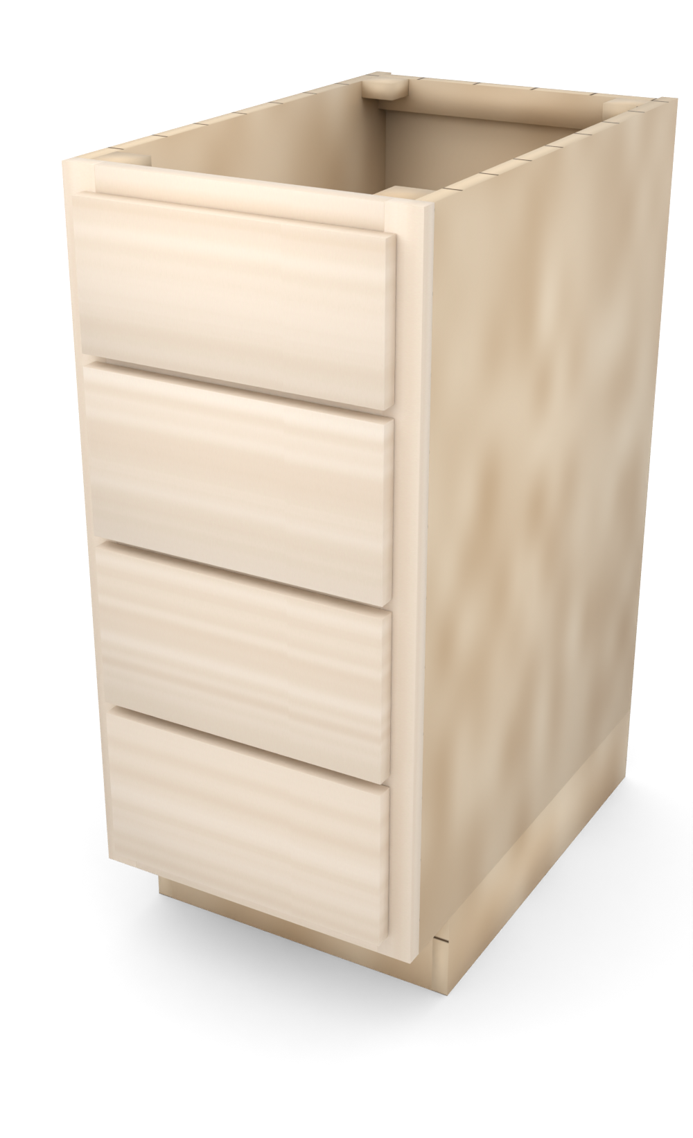 15" slab drawer base cabinet with 4 drawers, face frame, ready to paint, three-quarter view