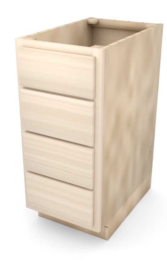15" slab drawer base cabinet with 4 drawers, face frame, ready to paint, three-quarter view