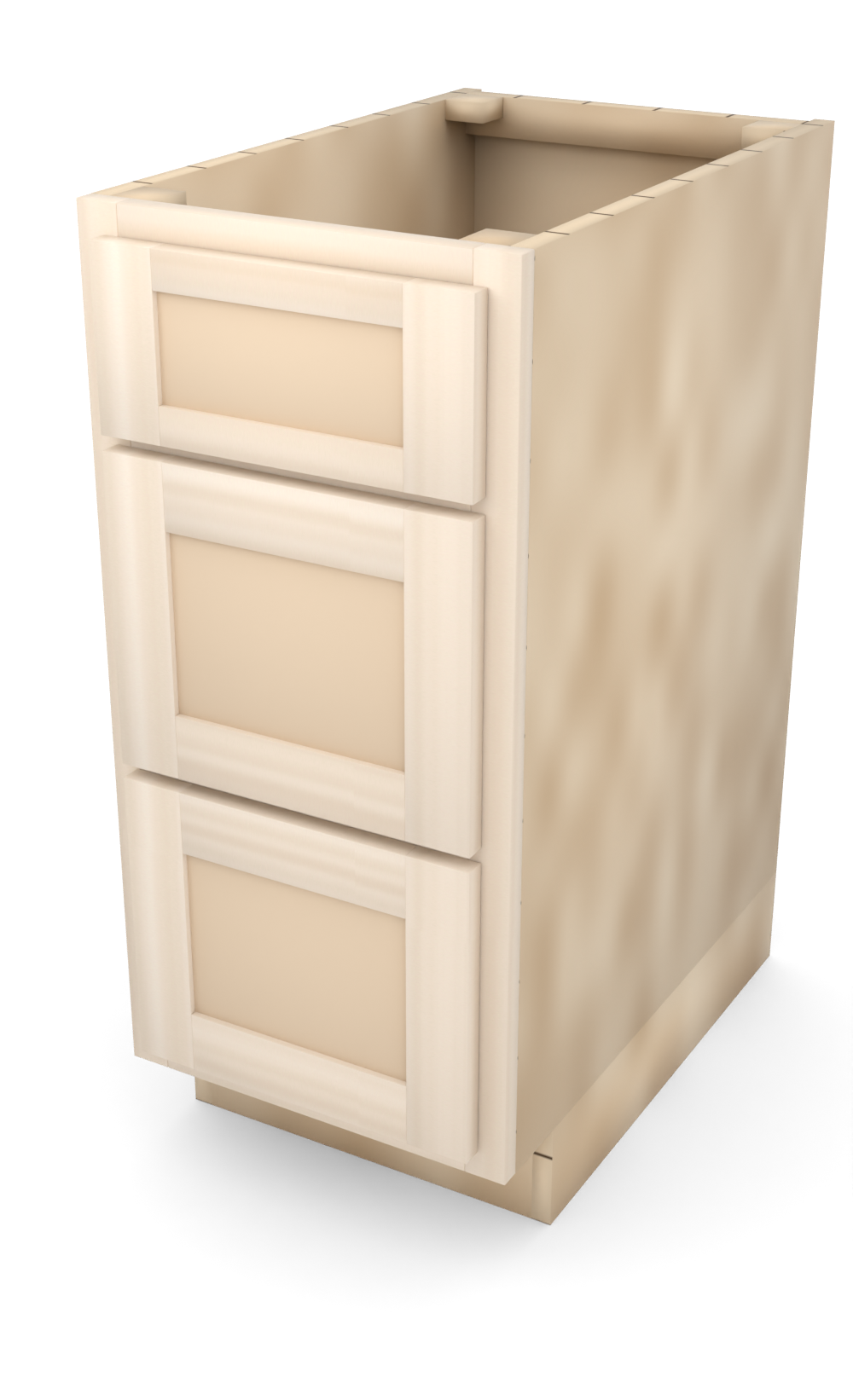15" Face Frame Flat Shaker drawer base cabinet with 3 drawers, ready to paint, three-quarter view