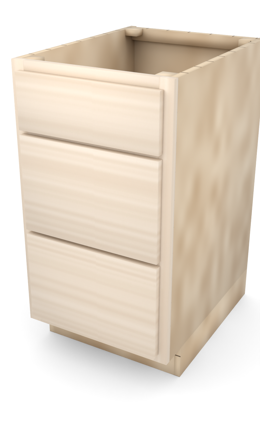 18" slab drawer base cabinet with 3 drawers, face frame, ready to paint, three-quarter view