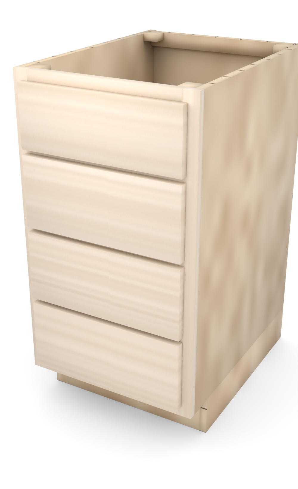 18" slab drawer base cabinet with 4 drawers, face frame, ready to paint, three-quarter view