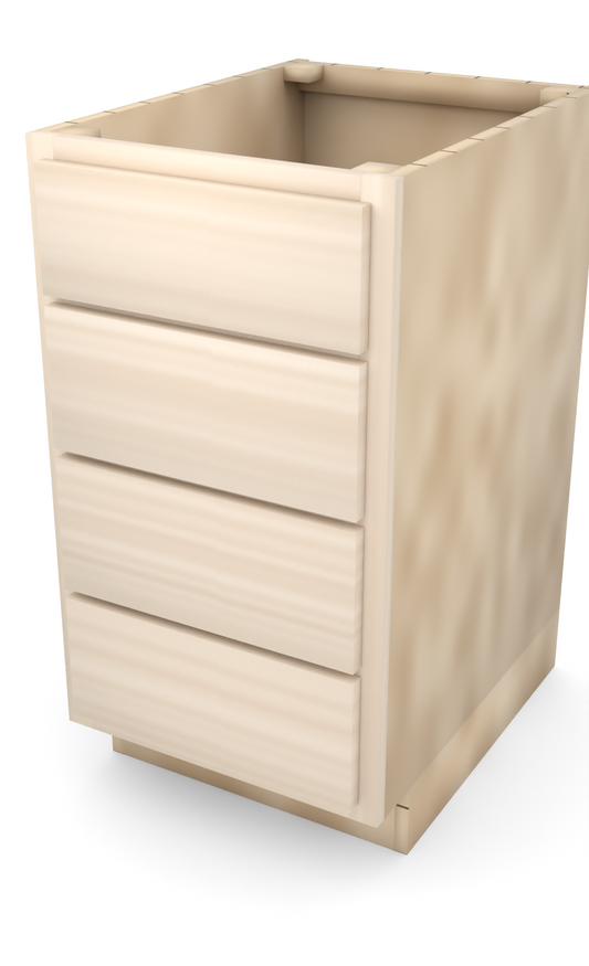18" slab drawer base cabinet with 4 drawers, face frame, ready to paint, three-quarter view