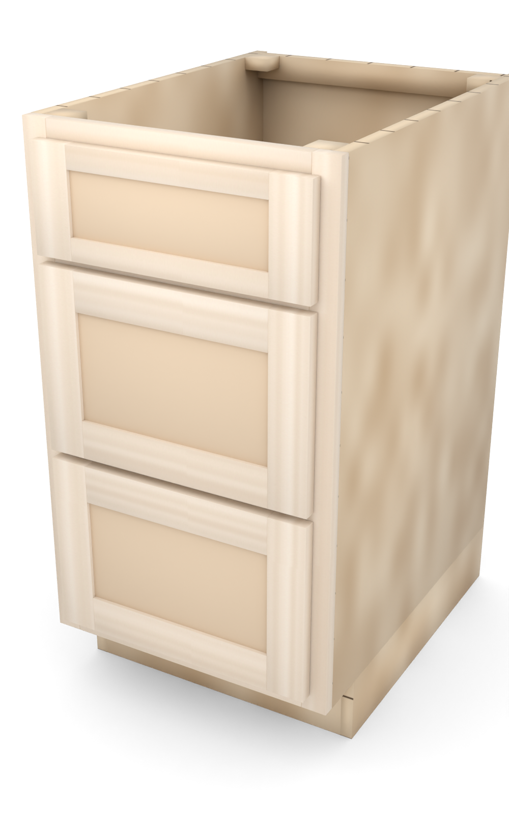 18" Face Frame Flat Shaker drawer base cabinet with 3 drawers, ready to paint, three-quarter view