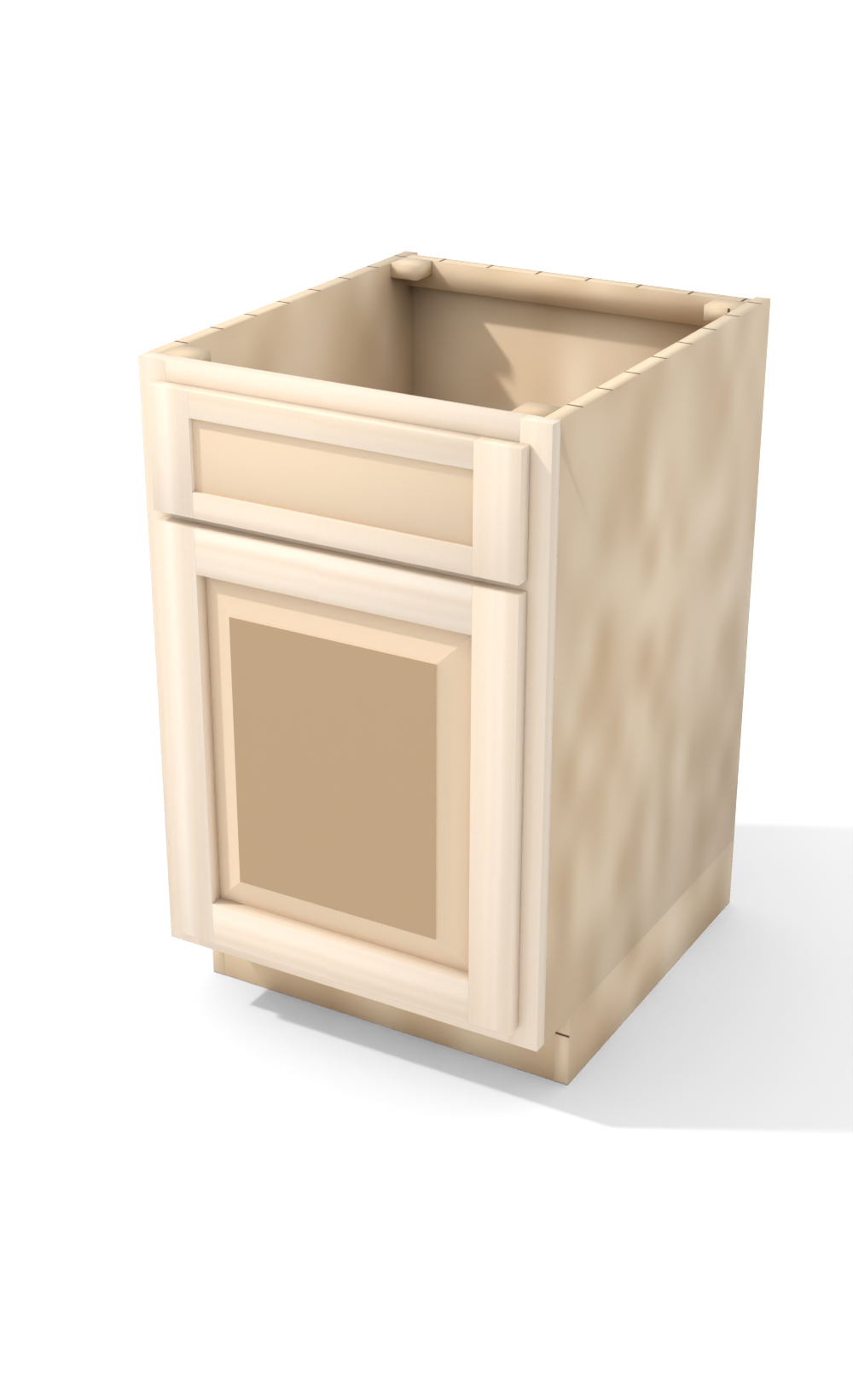 21" Face Frame Raised Panel Shaker base cabinet, ready to paint, three-quarter view