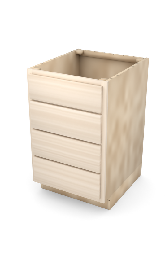 21" slab drawer base cabinet with 4 drawers, face frame, ready to paint, three-quarter view