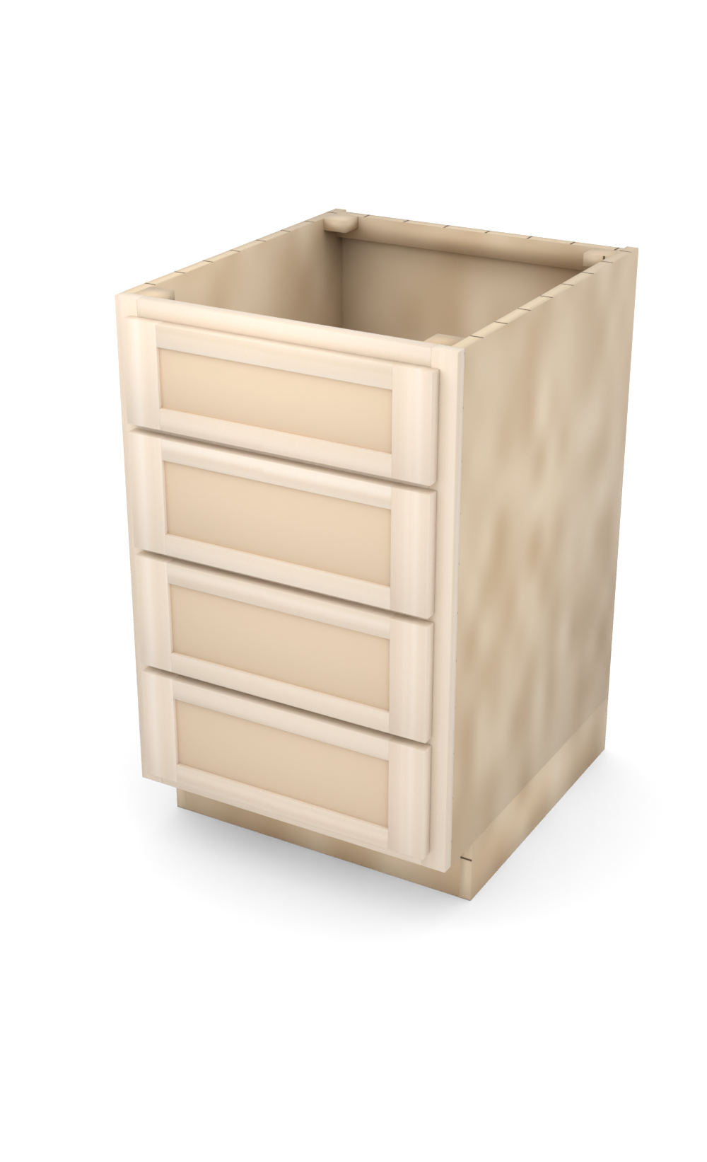 21" Face Frame Flat Shaker drawer base cabinet with 4 drawers, ready to paint, three-quarter view