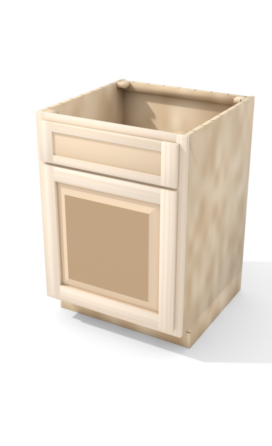 24" Face Frame Raised Panel Shaker base cabinet, ready to paint, three-quarter view