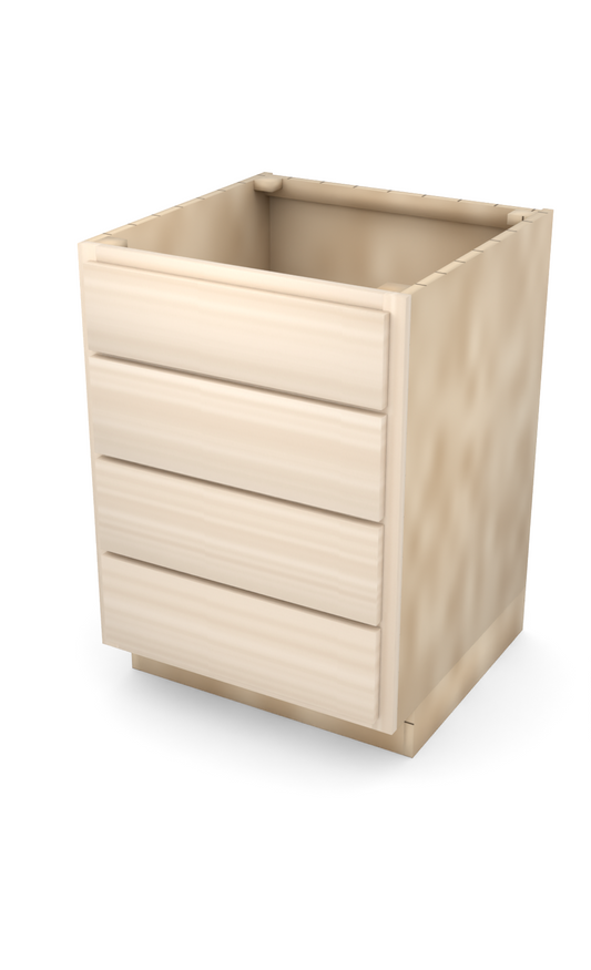 24" slab drawer base cabinet with 4 drawers, face frame, ready to paint, three-quarter view