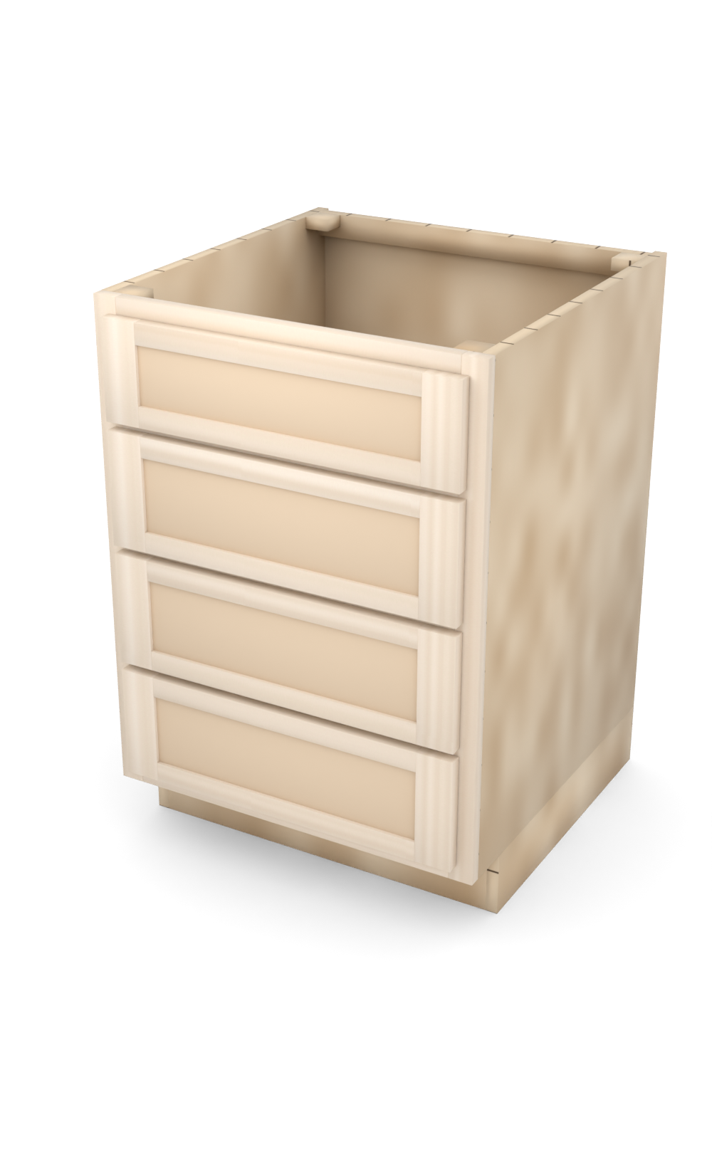 24" Face Frame Flat Shaker drawer base cabinet with 4 drawers, ready to paint, three-quarter view
