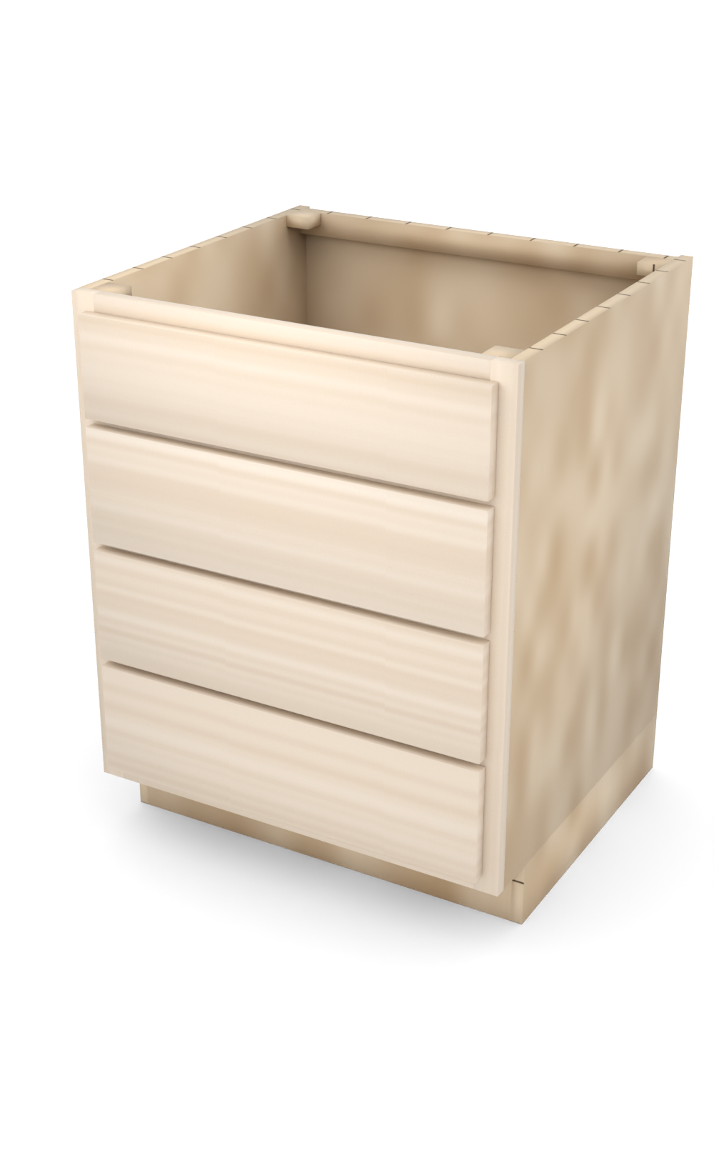 27" slab drawer base cabinet with 4 drawers, face frame, ready to paint, three-quarter view