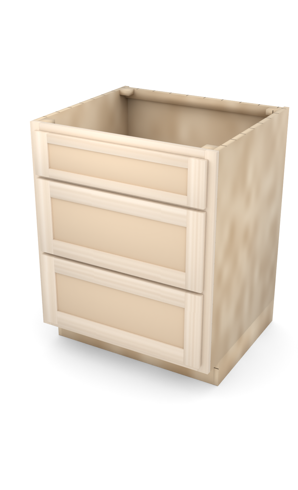 27" Face Frame Flat Shaker drawer base cabinet with 3 drawers, ready to paint, three-quarter view