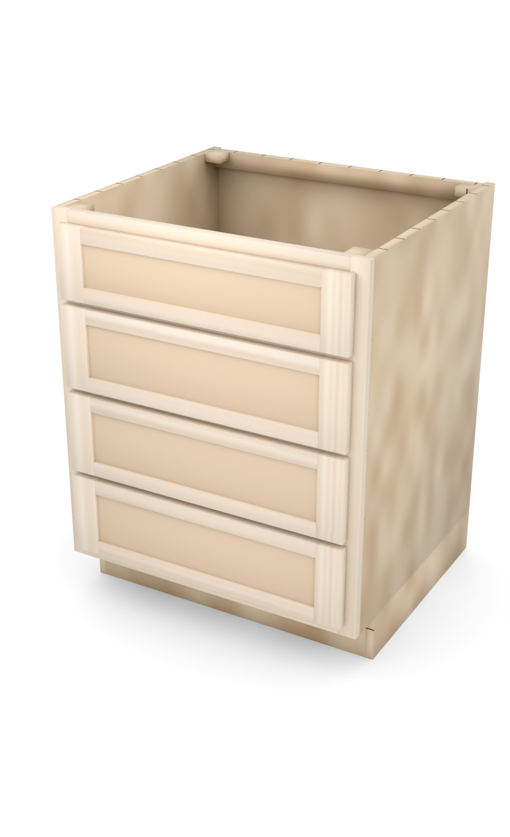 27" Face Frame Flat Shaker drawer base cabinet with 4 drawers, ready to paint, three-quarter view