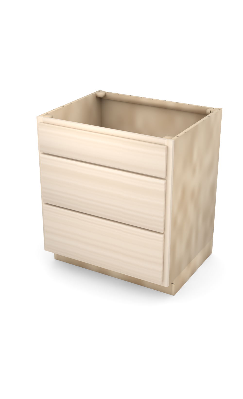 30" slab drawer base cabinet with 3 drawers, face frame, ready to paint, three-quarter view