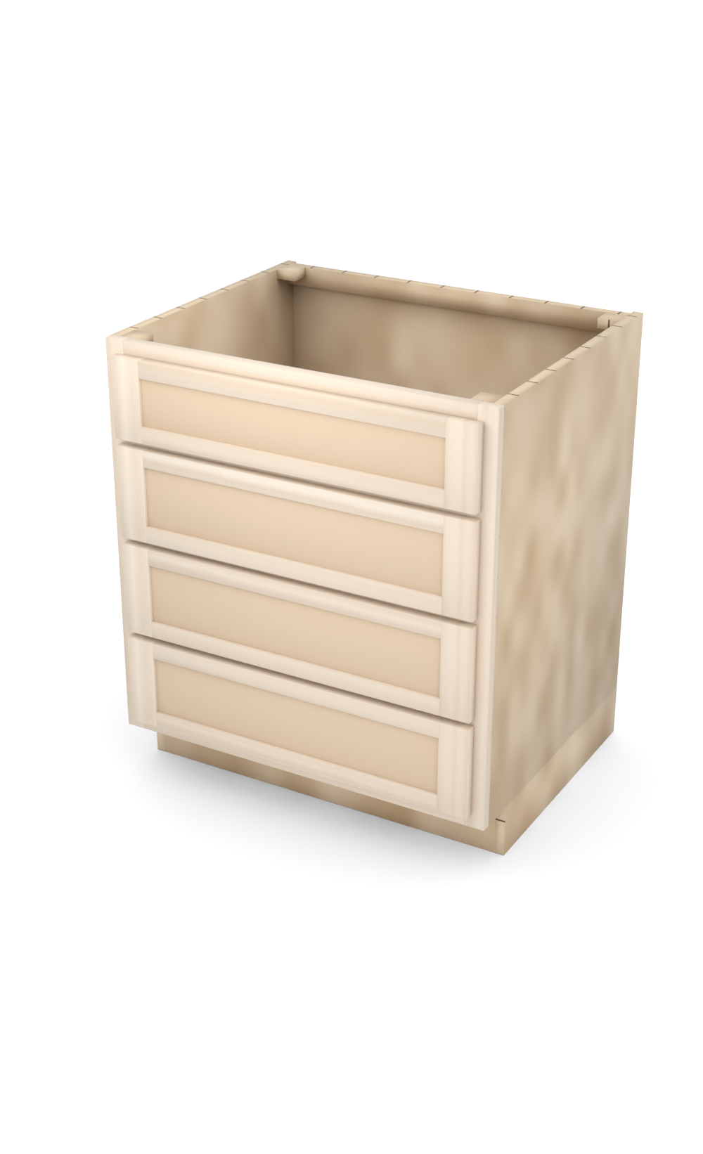 30" Face Frame Flat Shaker drawer base cabinet with 4 drawers, ready to paint, three-quarter view