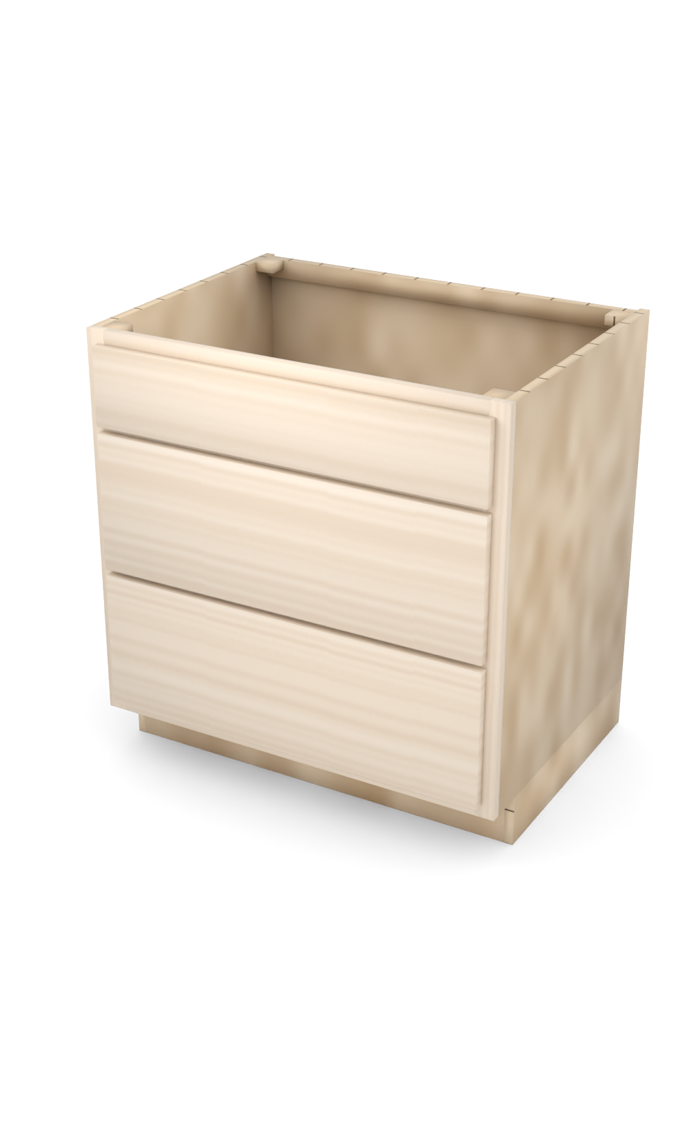 33" slab drawer base cabinet with 3 drawers, face frame, ready to paint, three-quarter view