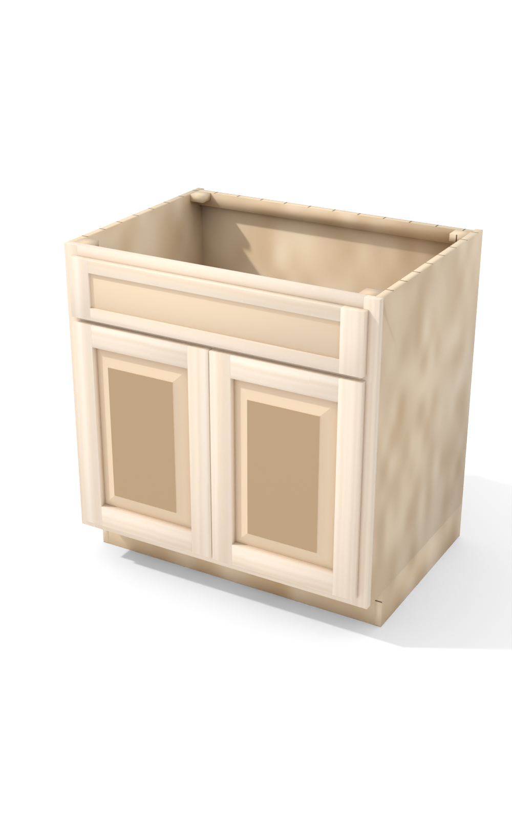 33" Face Frame Raised Panel Shaker sink base cabinet, ready to paint, three-quarter view