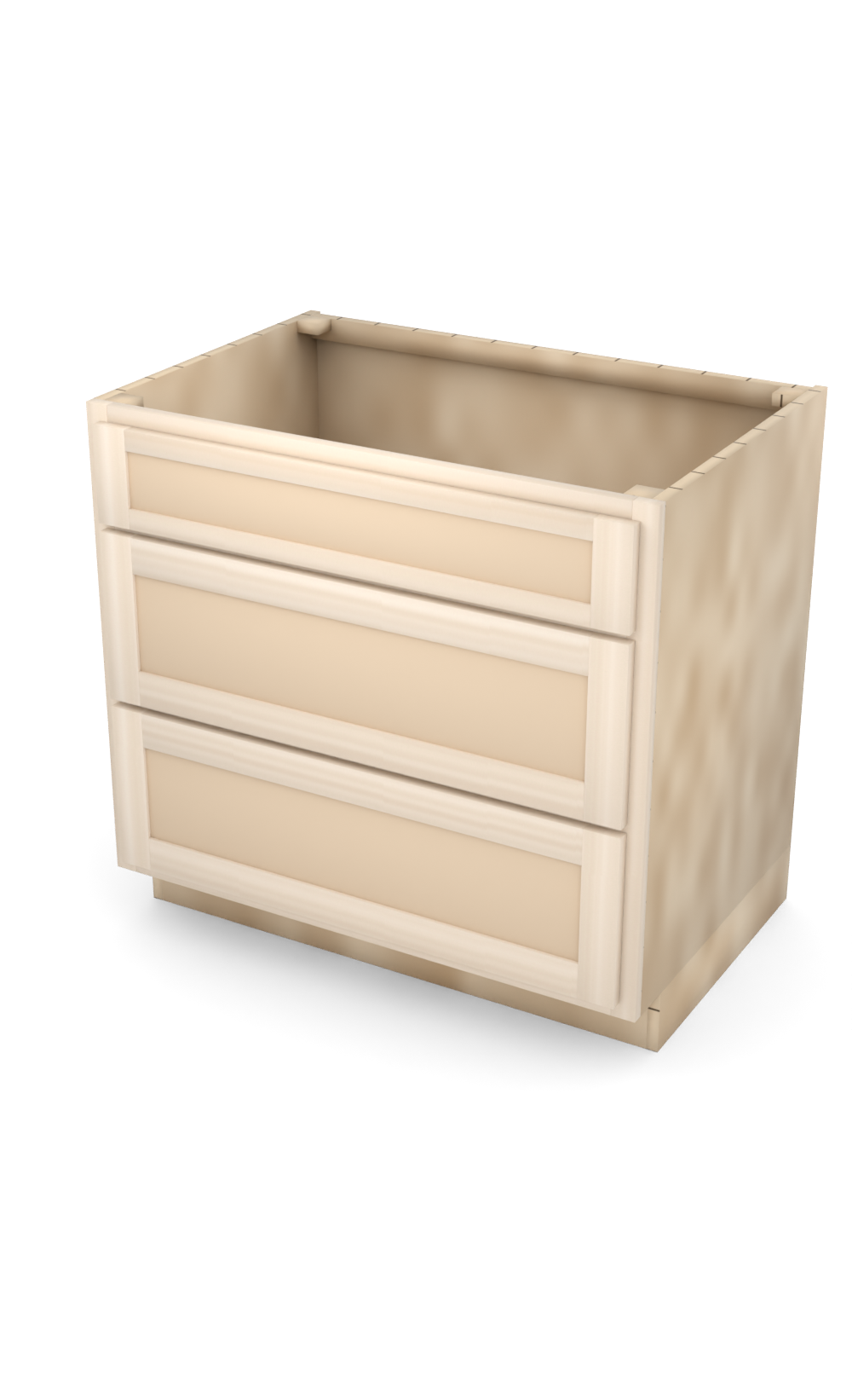 36" Face Frame Flat Shaker drawer base cabinet with 3 drawers, ready to paint, three-quarter view