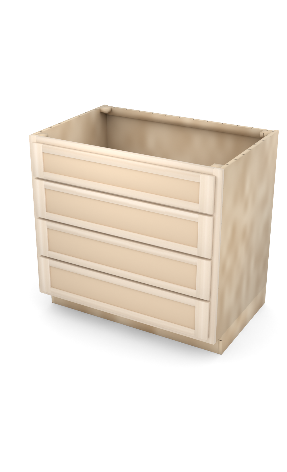 36" Face Frame Flat Shaker drawer base cabinet with 4 drawers, ready to paint, three-quarter view