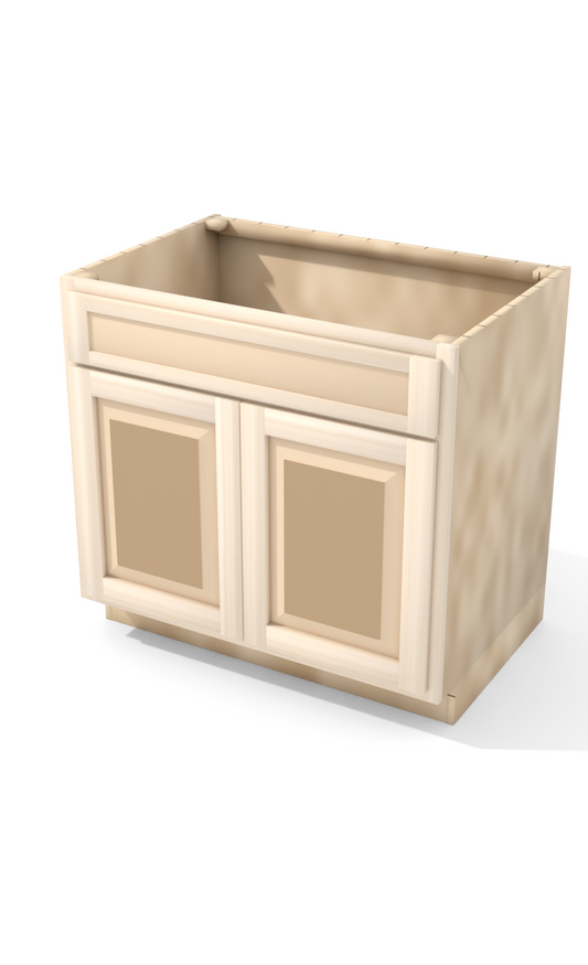 36" Face Frame Raised Panel Shaker sink base cabinet, ready to paint, three-quarter view