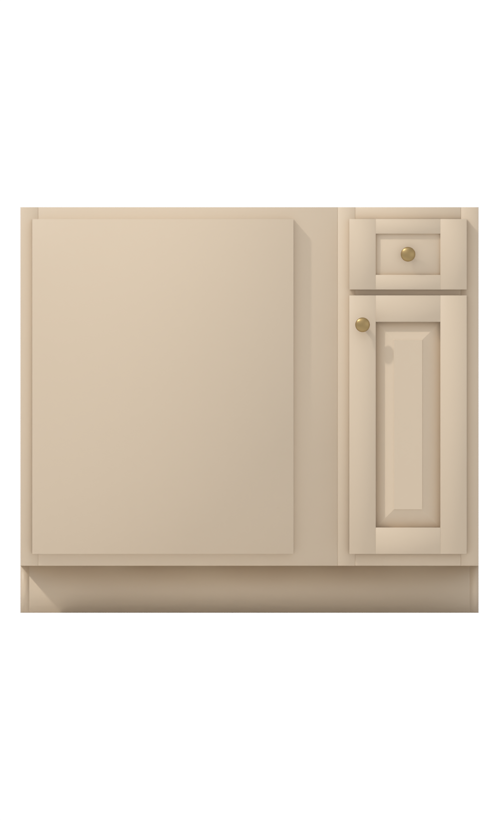 Painted example: Kilim Beige SW 6106 (Sherwin-Williams) with antique brass knobs