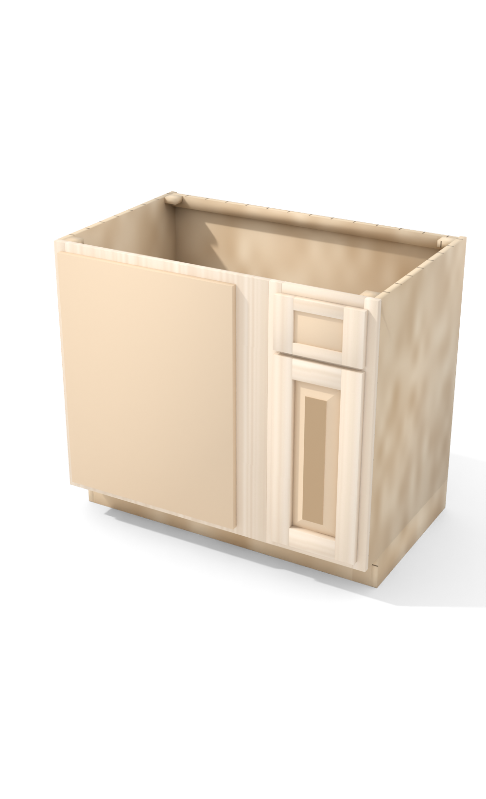 39" Face Frame Raised Panel Shaker blind corner base cabinet, blind left (12" usable), ready to paint, three-quarter view