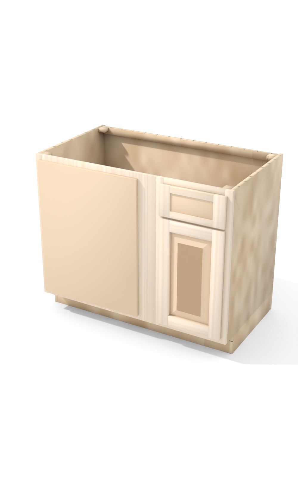 42" Face Frame Raised Panel Shaker blind corner base cabinet, blind left (15" usable), ready to paint, three-quarter view