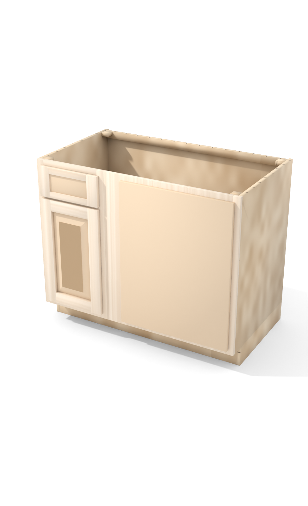 42" Face Frame Raised Panel Shaker blind corner base cabinet, blind right (15" usable), ready to paint, three-quarter view