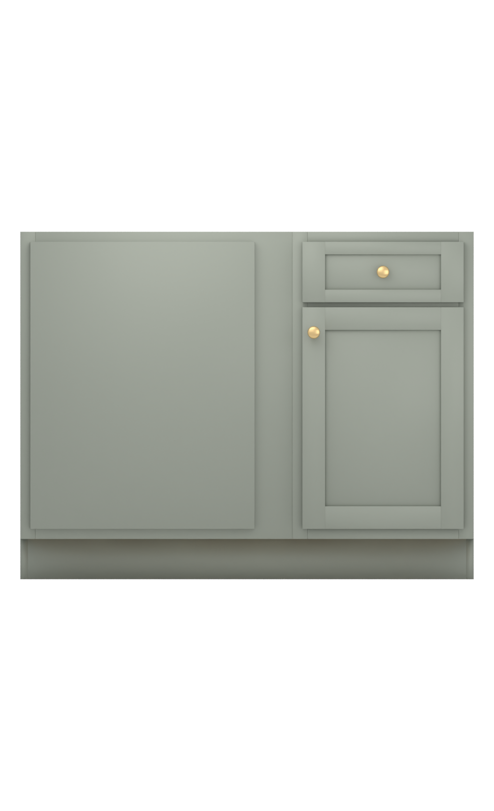 Painted example: Acacia Haze SW 9132 (Sherwin-Williams) with brushed brass knobs