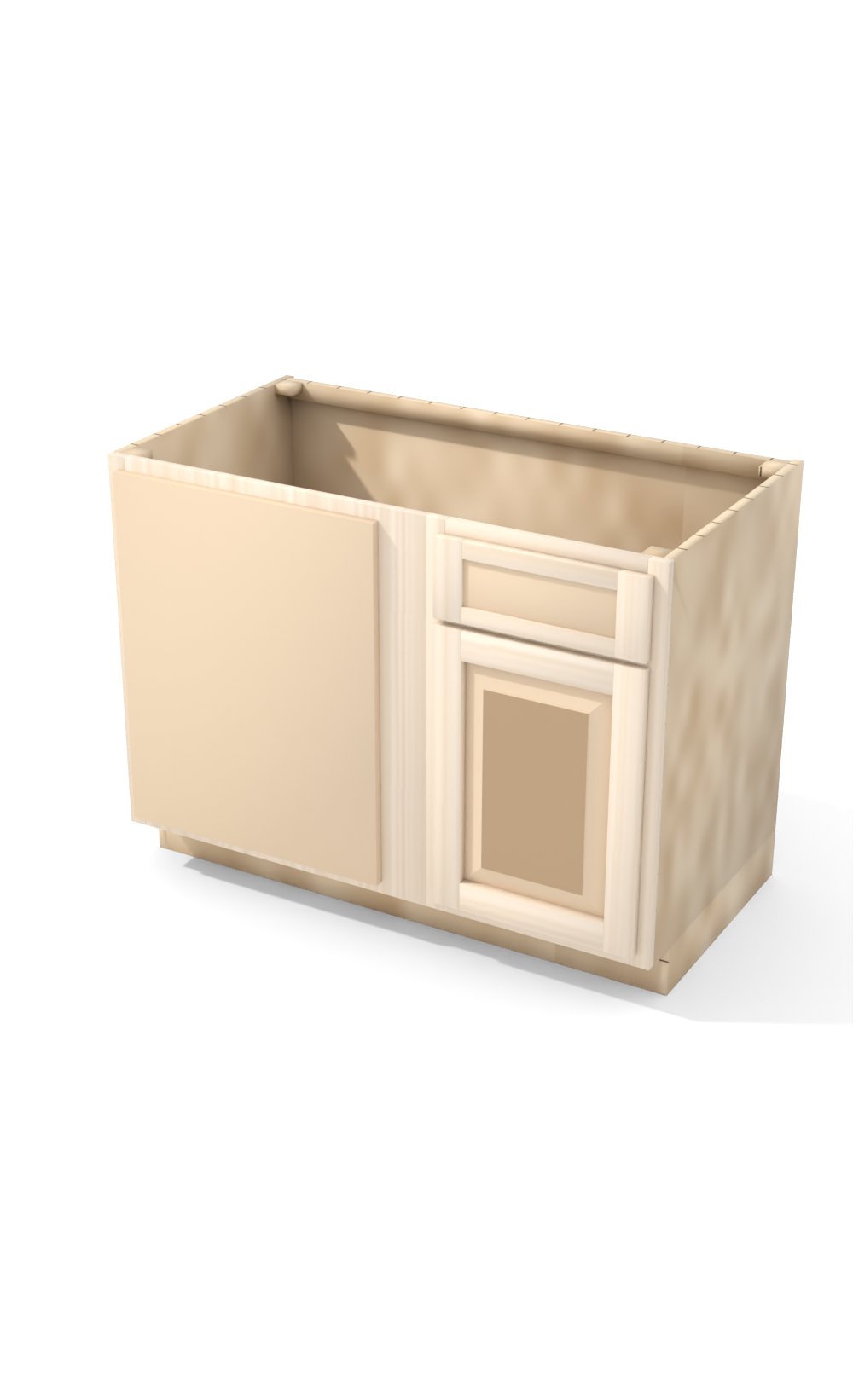 45" Face Frame Raised Panel Shaker blind corner base cabinet, blind left (18" usable), ready to paint, three-quarter view