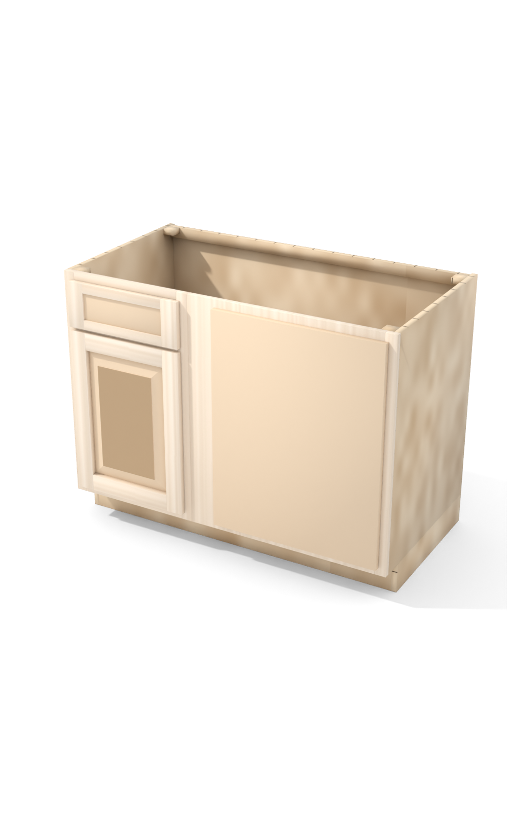 45" Face Frame Raised Panel Shaker blind corner base cabinet, blind right (18" usable), ready to paint, three-quarter view