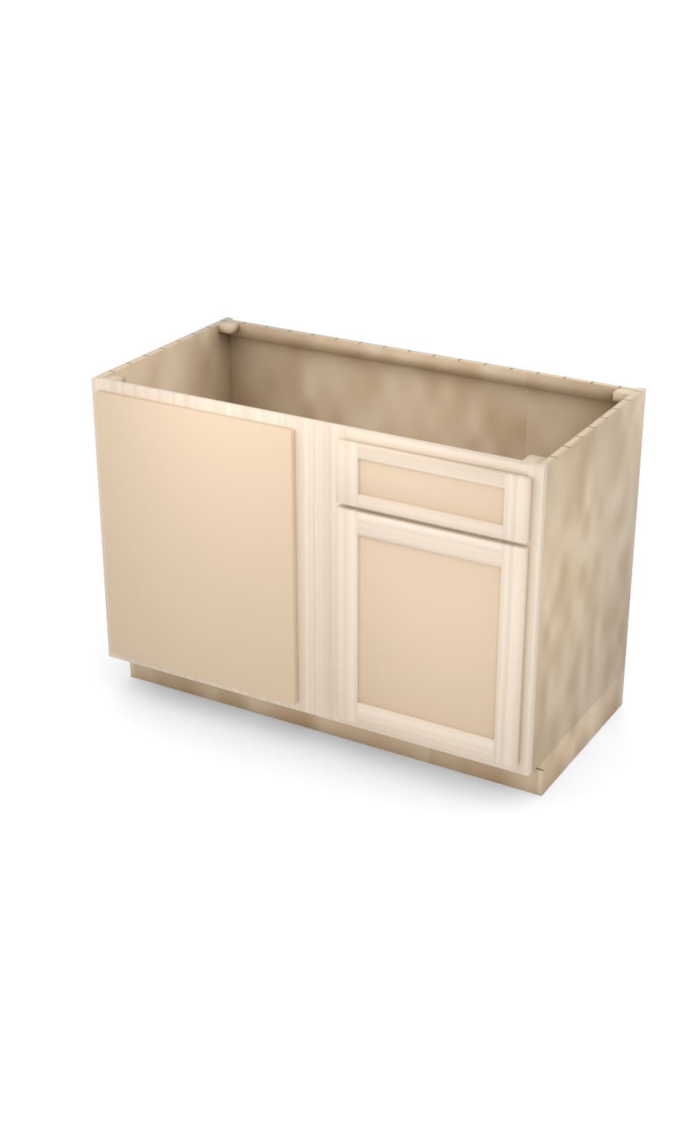48" Face Frame Flat Shaker blind corner base cabinet, blind left (21" usable), ready to paint, three-quarter view