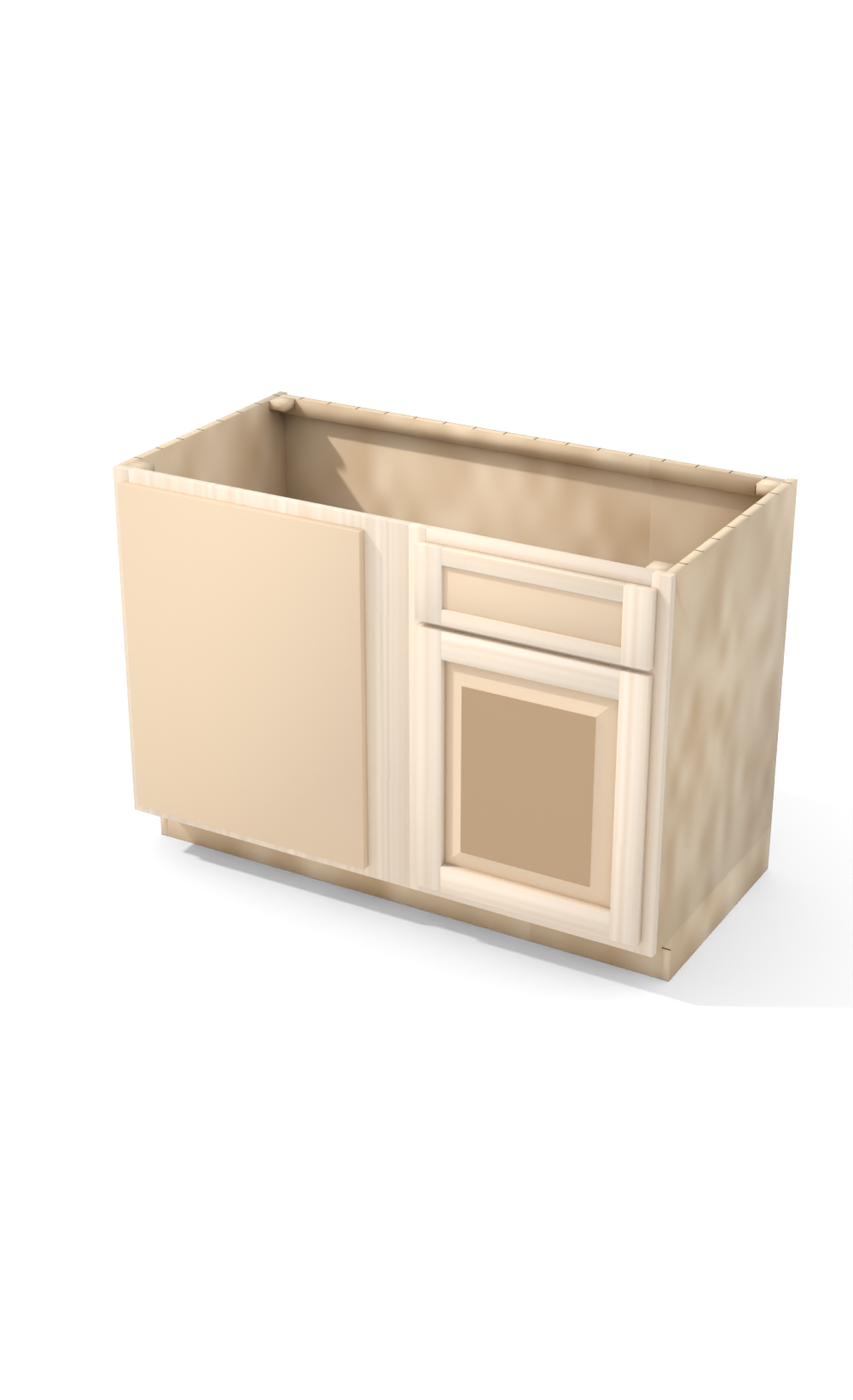 48" Face Frame Raised Panel Shaker blind corner base cabinet, blind left (21" usable), ready to paint, three-quarter view