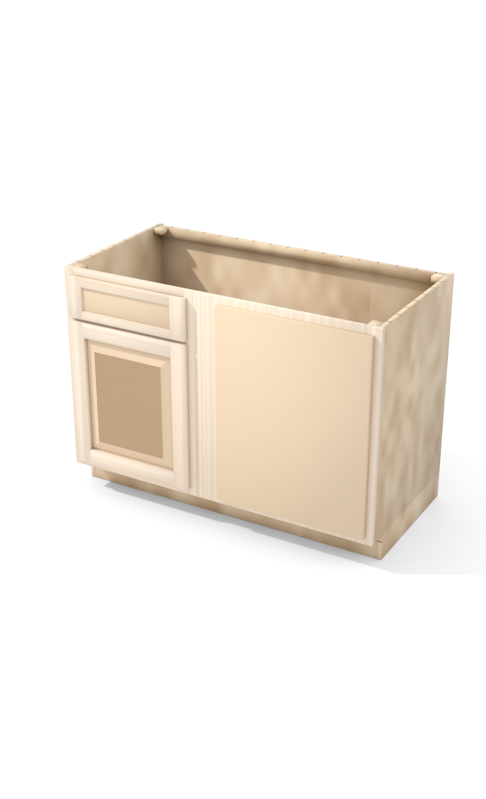48" Face Frame Raised Panel Shaker blind corner base cabinet, blind right (21" usable), ready to paint, three-quarter view